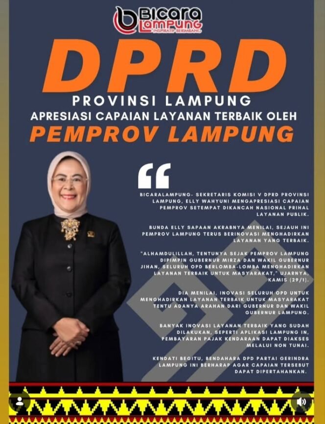 
					Elly Wahyuni Apresiasi Capaian Pemprov Lampung di Kancah Nasional Perihal Layanan Publik